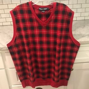 Vintage Polo Golf Ralph Lauren Vest Mens L Red Tartan Plaid Sweater Eclectic